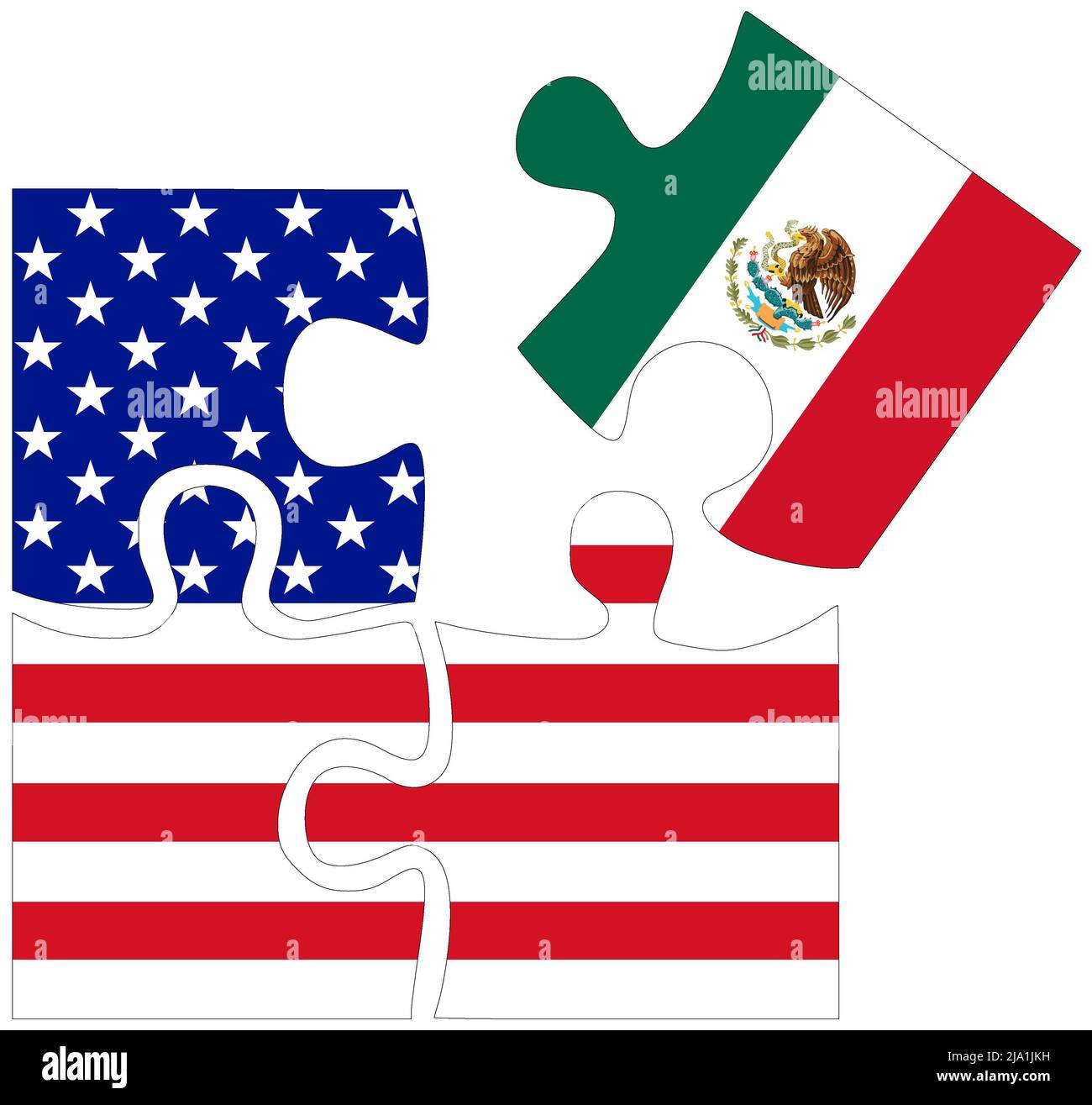 USA - Mexique : formes de puzzle avec drapeaux, symbole d'accord ou d'amitié Banque D'Images