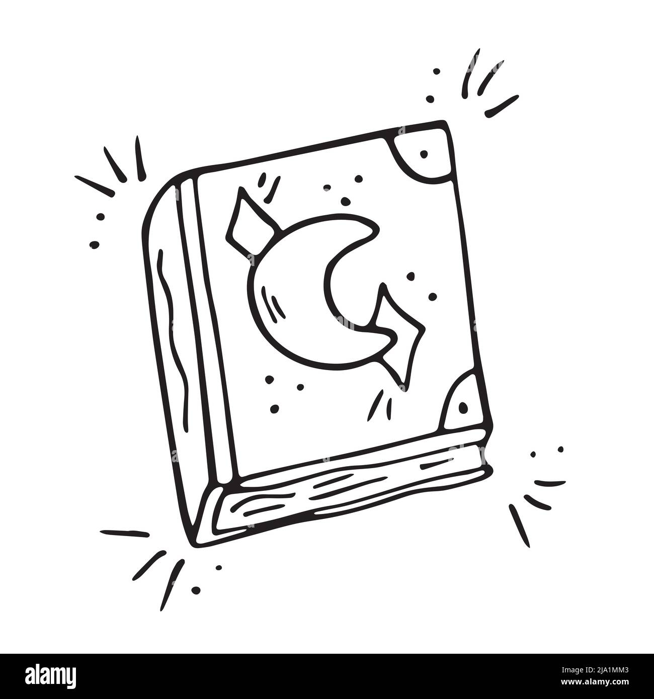 Dessin à la main de vecteur Doodle Magic Book caricature. Assistant livre de sorts. Vieux livre. Illustration de Vecteur