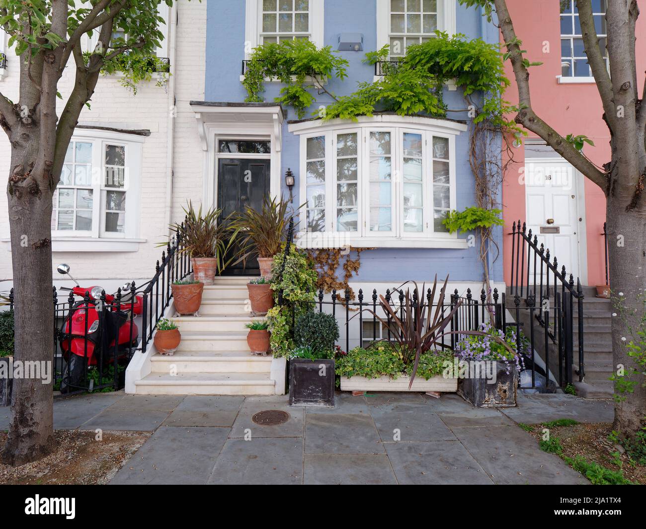 Londres, Grand Londres, Angleterre, mai 14 2022 : jolies maisons au large de Kings Road à Chelsea avec des pots d'usine sur les marches et un cyclomoteur rouge. Banque D'Images