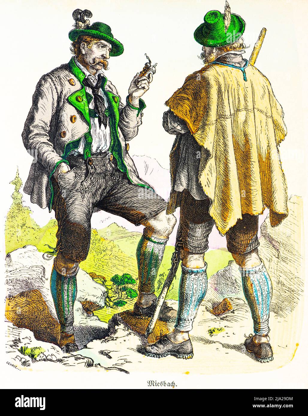 Muenchener Bilderbogen, Kostueme, Miesbach, Bayern, 19. Jahrhundert, Tracht, zwei Maenner, Hut, Pfeife, Rauchen, Berge, Lederhose, Portraet Banque D'Images