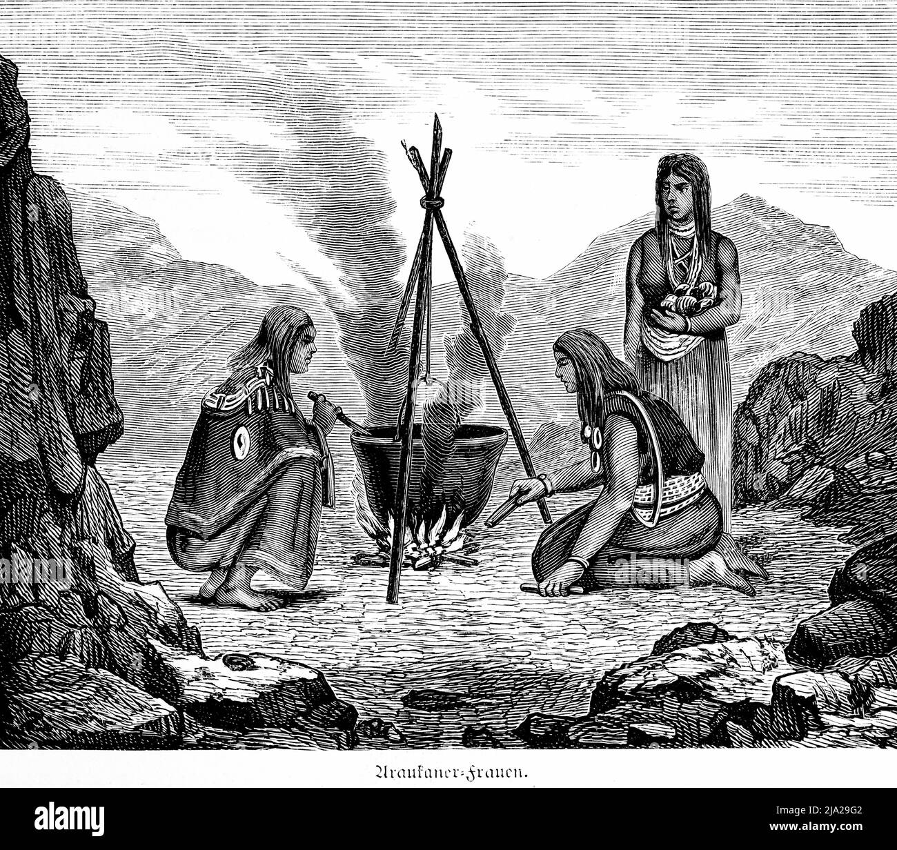 Araucanian ou Mapuche, peuples indigènes, feu ouvert, cuisine, pot, pieds nus, montagnes, fumée, rochers, costume traditionnel, portrait, historique Banque D'Images