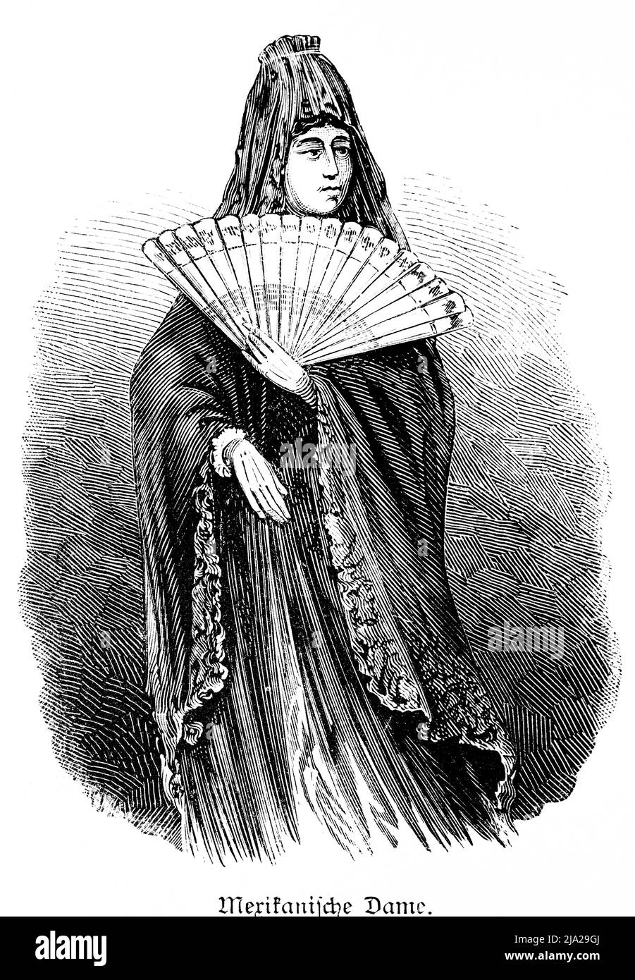 Femme, distinguée, debout, fan, main, Harnais, longue robe, illustration historique 1881, Mexique Banque D'Images