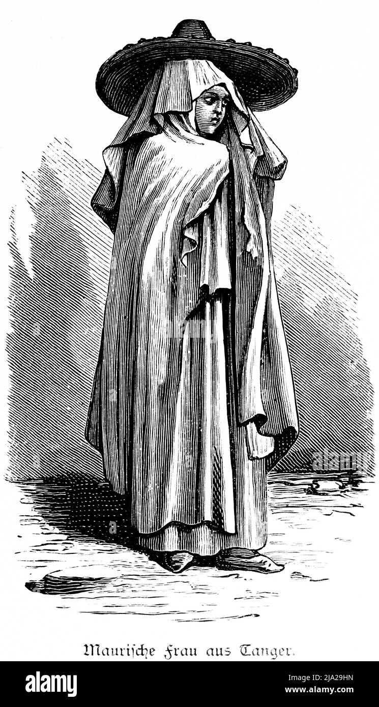 Femme mauresque, robe traditionnelle, chapeau large, chaussures, vue latérale, Portrait, illustration historique 1881, Tanger, Maroc Banque D'Images