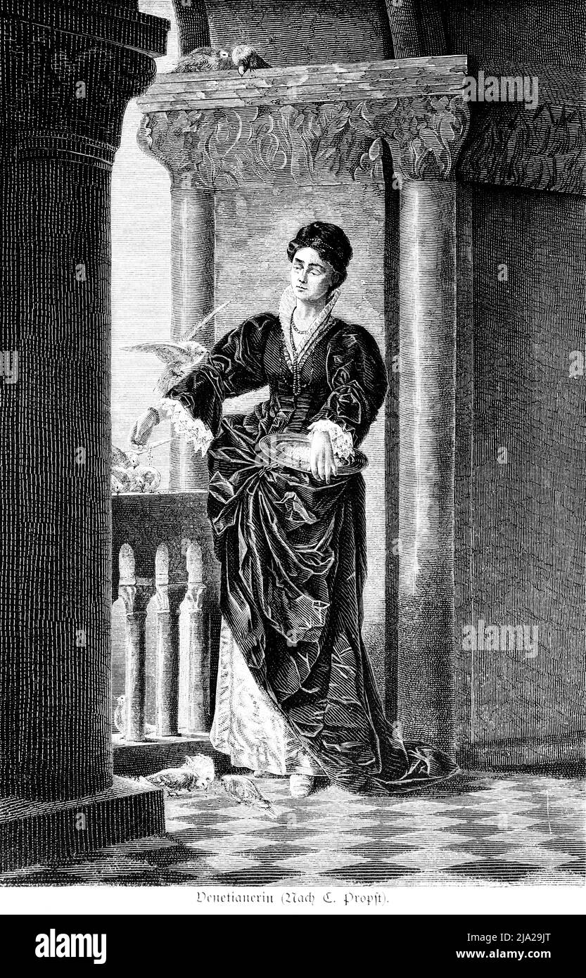 Gentlewoman, Venise, Italie, terrasse, palais, robe, colombe, portrait, illustration historique 1881 Banque D'Images