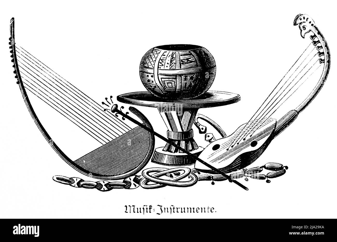 Instruments de musique africains traditionnels, instruments à cordes, arc, table, bol, illustration historique 1881 Banque D'Images