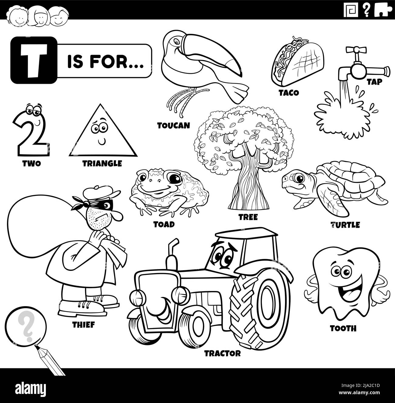 Illustration de dessin animé éducatif noir et blanc pour les enfants avec des personnages de bande dessinée et des objets ensemble pour la page de livre de coloriage de lettre T. Illustration de Vecteur