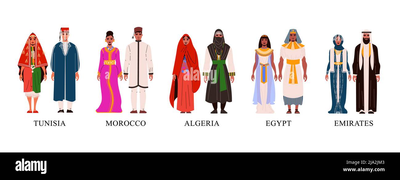 Icônes plates avec des personnages portant des costumes africains nationaux masculins et féminins illustration vectorielle isolée Illustration de Vecteur