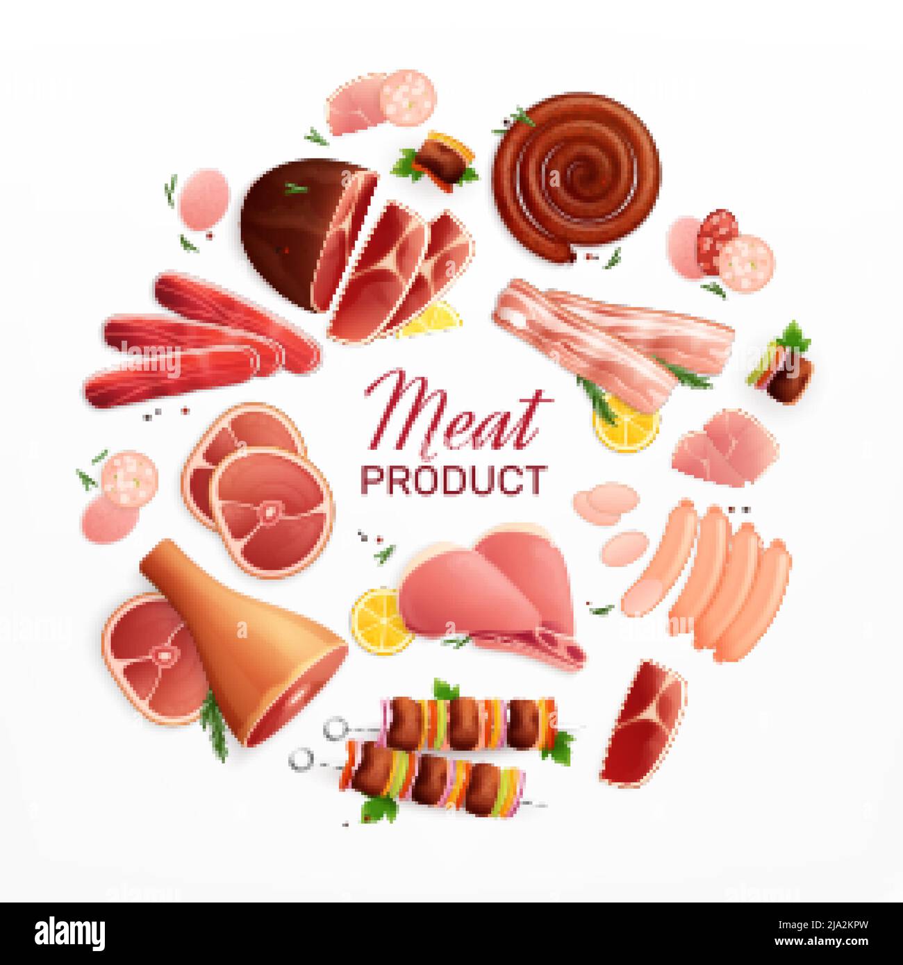 Produits de viande publicité promotion plat composition circulaire avec jambon steak saucisses bacon pain de viande bœuf illustration vectorielle Illustration de Vecteur