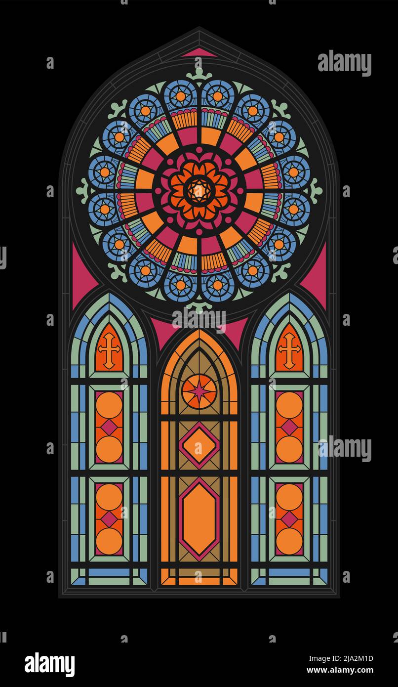 Fenêtre centrale verticale en mosaïque de vitraux de l'église gothique illustration vectorielle plate Illustration de Vecteur
