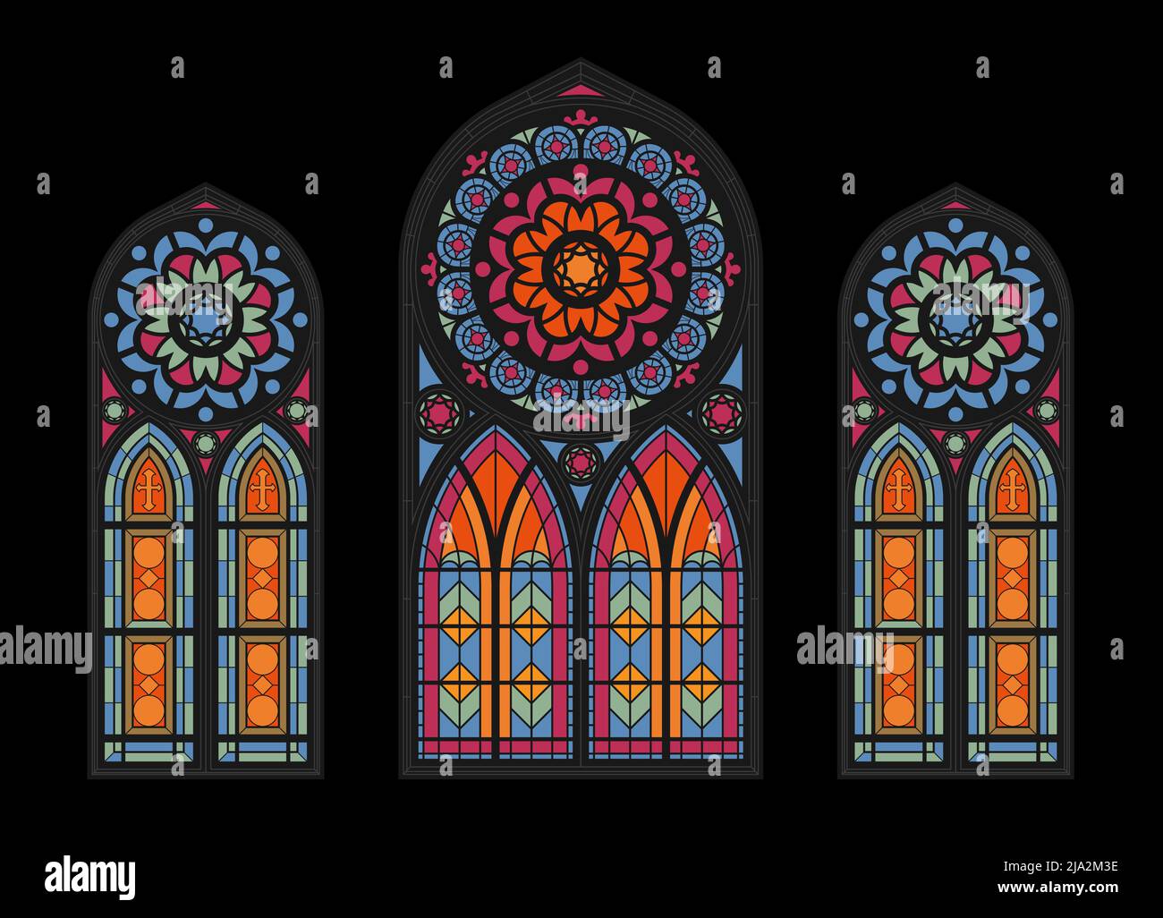 Vitraux mosaïque colorée cathédrale fenêtres sur fond sombre église gothique belle vue intérieure nuages illustration vectorielle Illustration de Vecteur