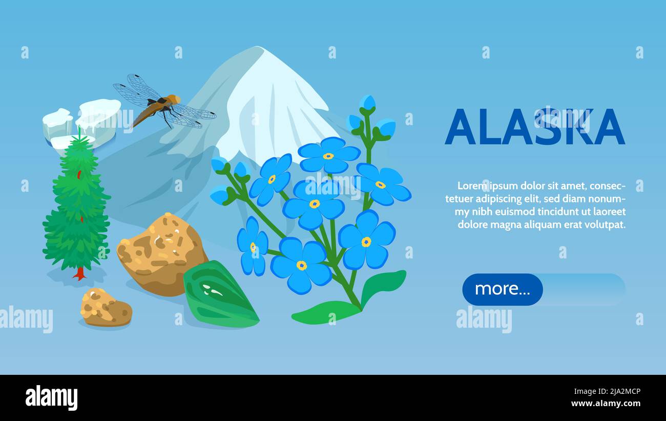 Alaska voyage visites guidées en ligne page web isométrique bannière avec glace de mer montagne icecap illustration vecteur épinette de sitka Illustration de Vecteur