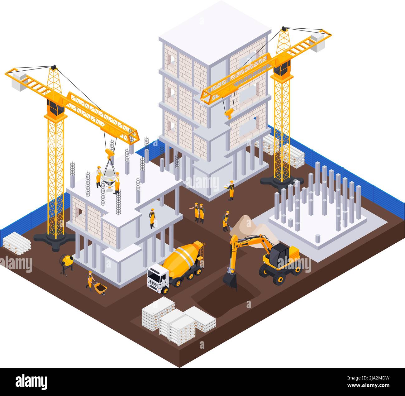 Concept isométrique de l'industrie de la construction avec symboles d'équipement et de matériaux illustration vectorielle Illustration de Vecteur