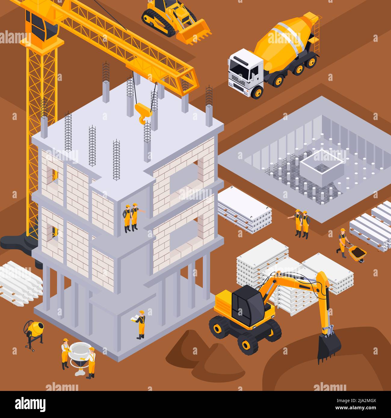 Arrière-plan de construction avec machines de construction et symboles d'équipement illustration vectorielle isométrique Illustration de Vecteur
