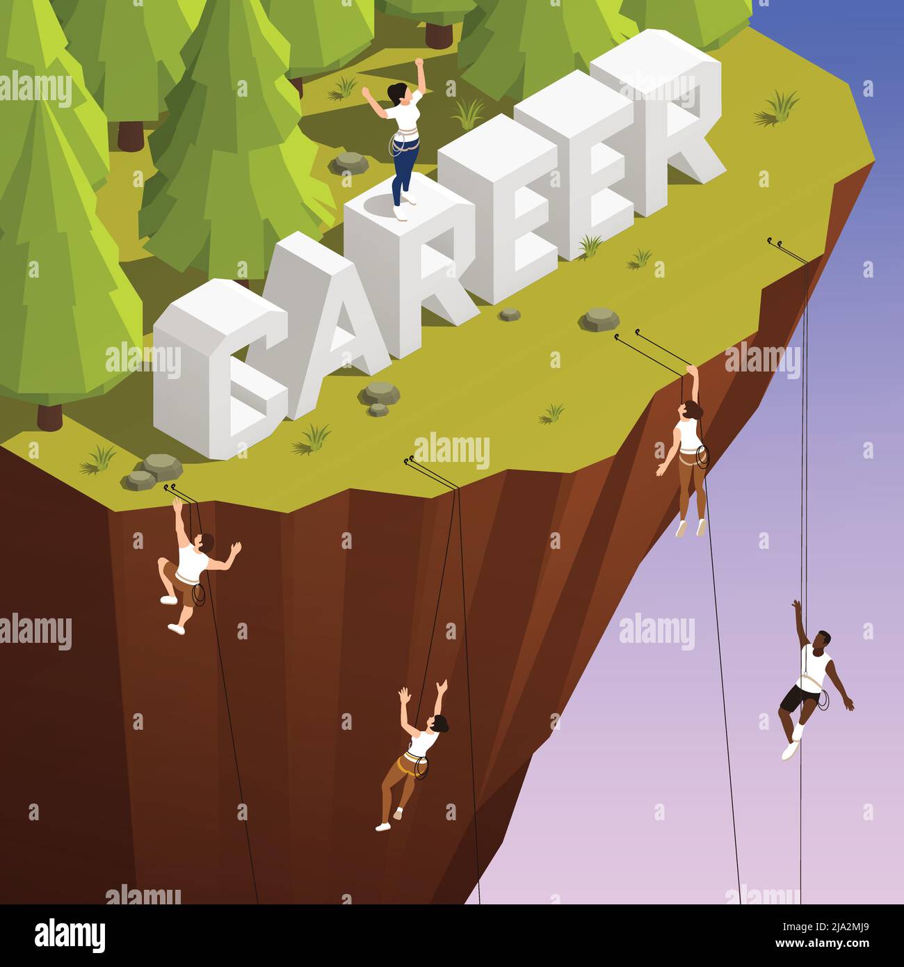 Le gagnant du défi de carrière d'affaires sur la falaise abrupte escalade métaphore du sport composition isométrique avec l'illustration vectorielle top ropers Illustration de Vecteur