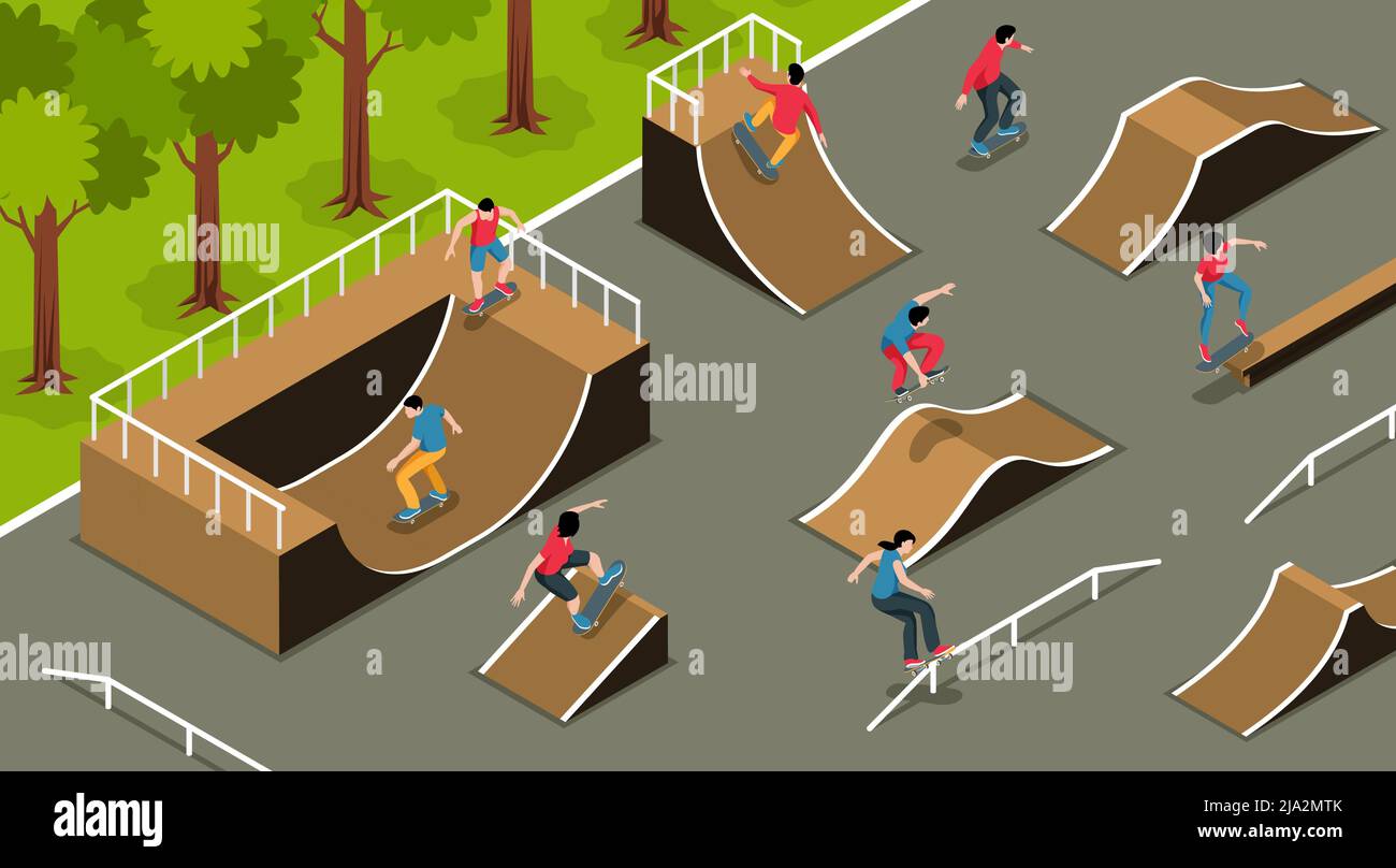 Terrain de jeu urbain pour les sports extrêmes, fond isométrique avec rampes de skate Park et illustrations de skate-bloading et de skate-board Illustration de Vecteur