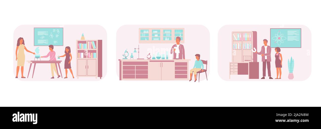 Ensemble de trois compositions scolaires avec vues de la salle de classe avec des enseignants et des pièces d'équipement de laboratoire illustration vectorielle Illustration de Vecteur