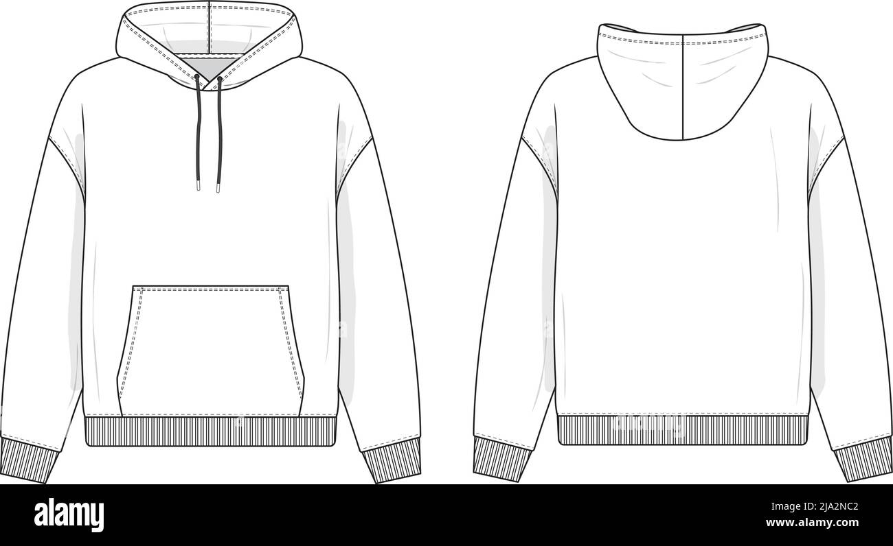 Sweat-shirt à capuche modèle de maquette de dessin technique plat pour le design et les packs techniques hommes ou unisexe mode CAD streetwear. Illustration de Vecteur