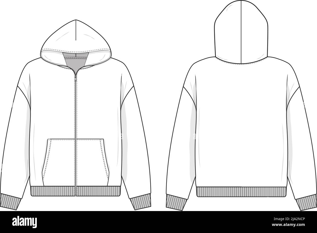 Sweat-shirt à capuche zippé modèle de maquette de dessin technique plat pour le design et les packs techniques hommes ou unisexe mode CAD streetwear femmes. Illustration de Vecteur
