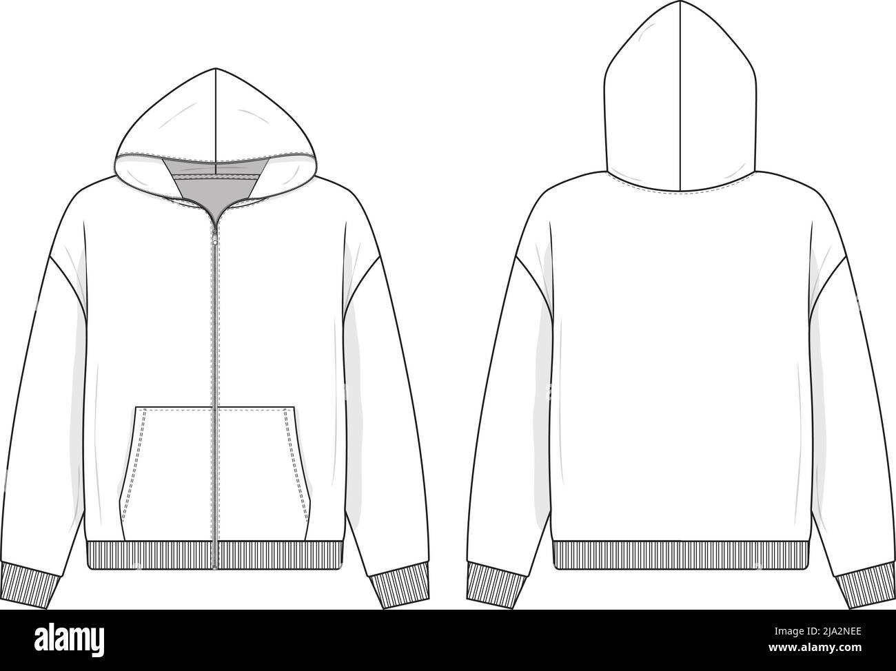 Open Full zip sweat-shirt à capuche plat dessin technique illustration modèle pour design TECH packs hommes unisex mode CAD streetwear vecteur Illustration de Vecteur