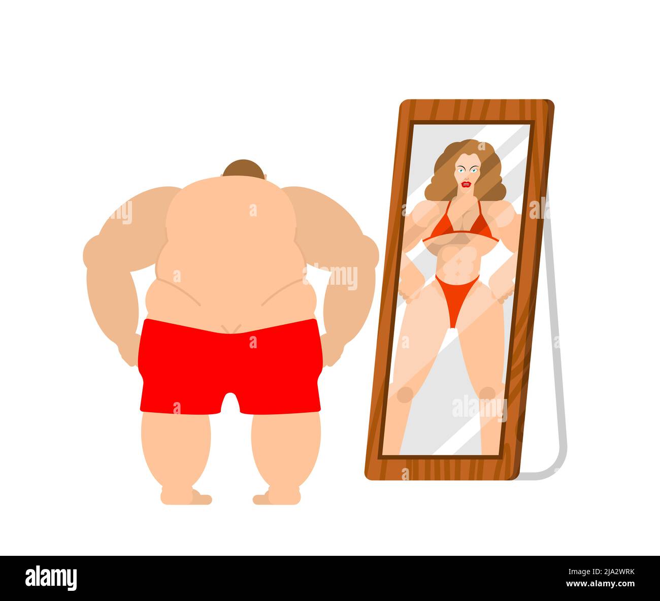 L'homme gras regarde dans le miroir, reflet de la femme forte. L'homme s'identifie comme une femme. Concept d'accepter son apparence et de s'identifier Illustration de Vecteur