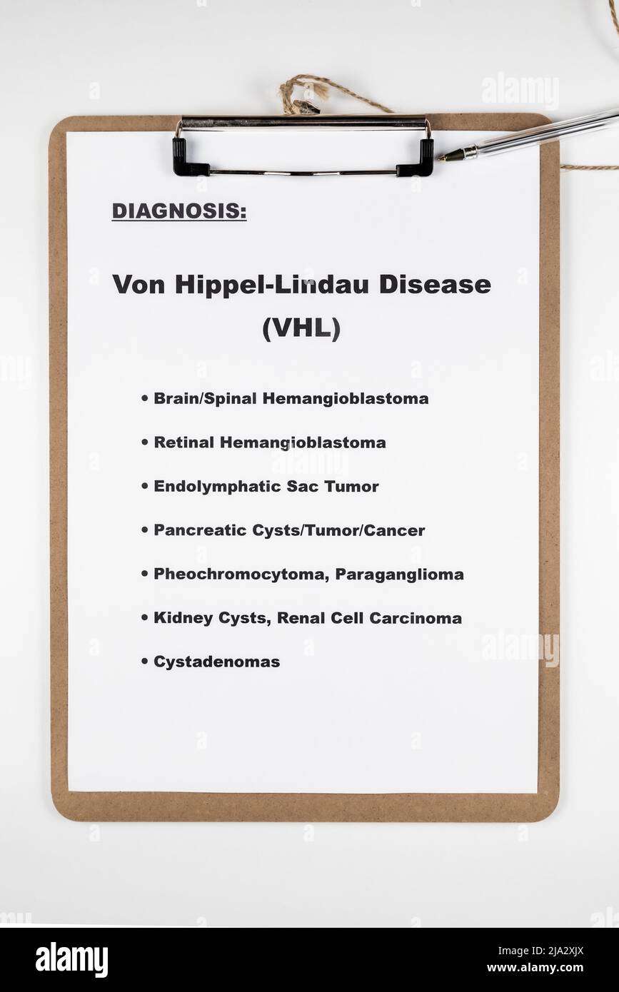 Von Hippel-Lindau diagnostic de la maladie avec liste des symptômes sur le presse-papiers Banque D'Images