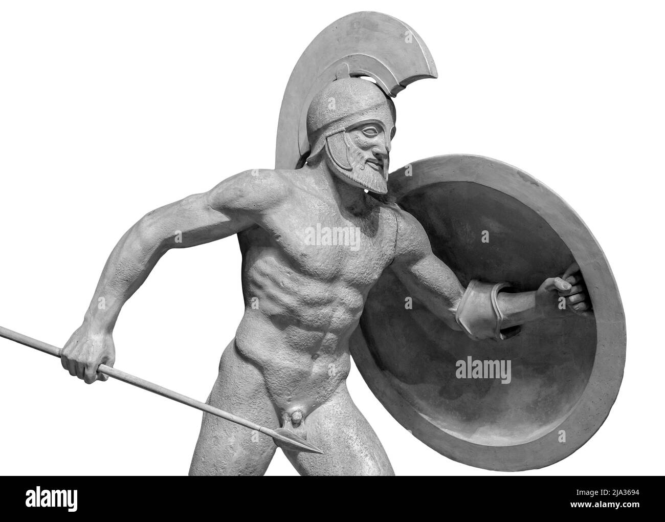 Statue de guerrier en casque isolée sur fond blanc. Banque D'Images