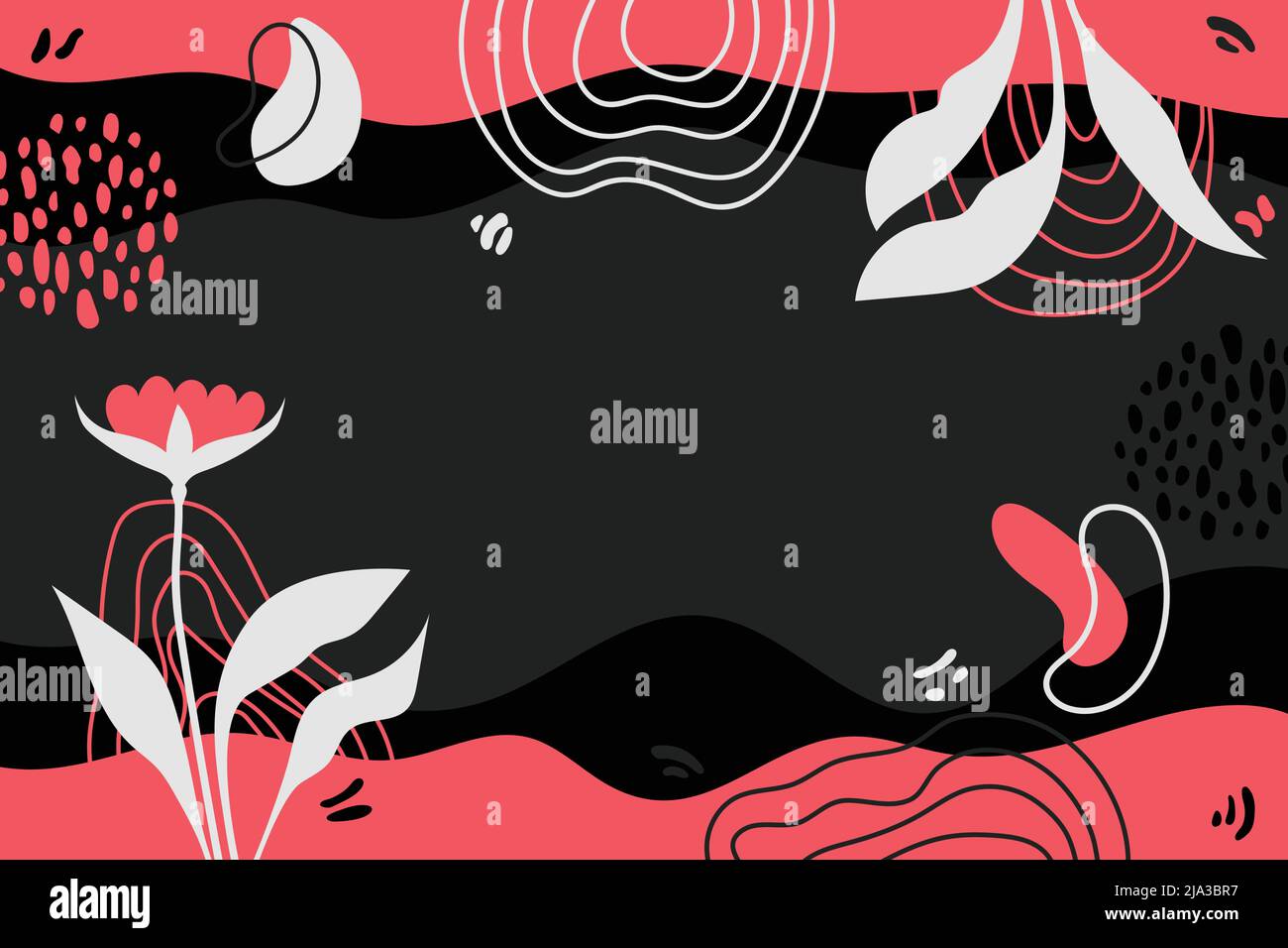 Fond abstrait plat à motif fleuri. Dessin horizontal à la main motif de thème noir rose gris fluo pour affiche, prospectus, cartes de vœux et bannière Illustration de Vecteur