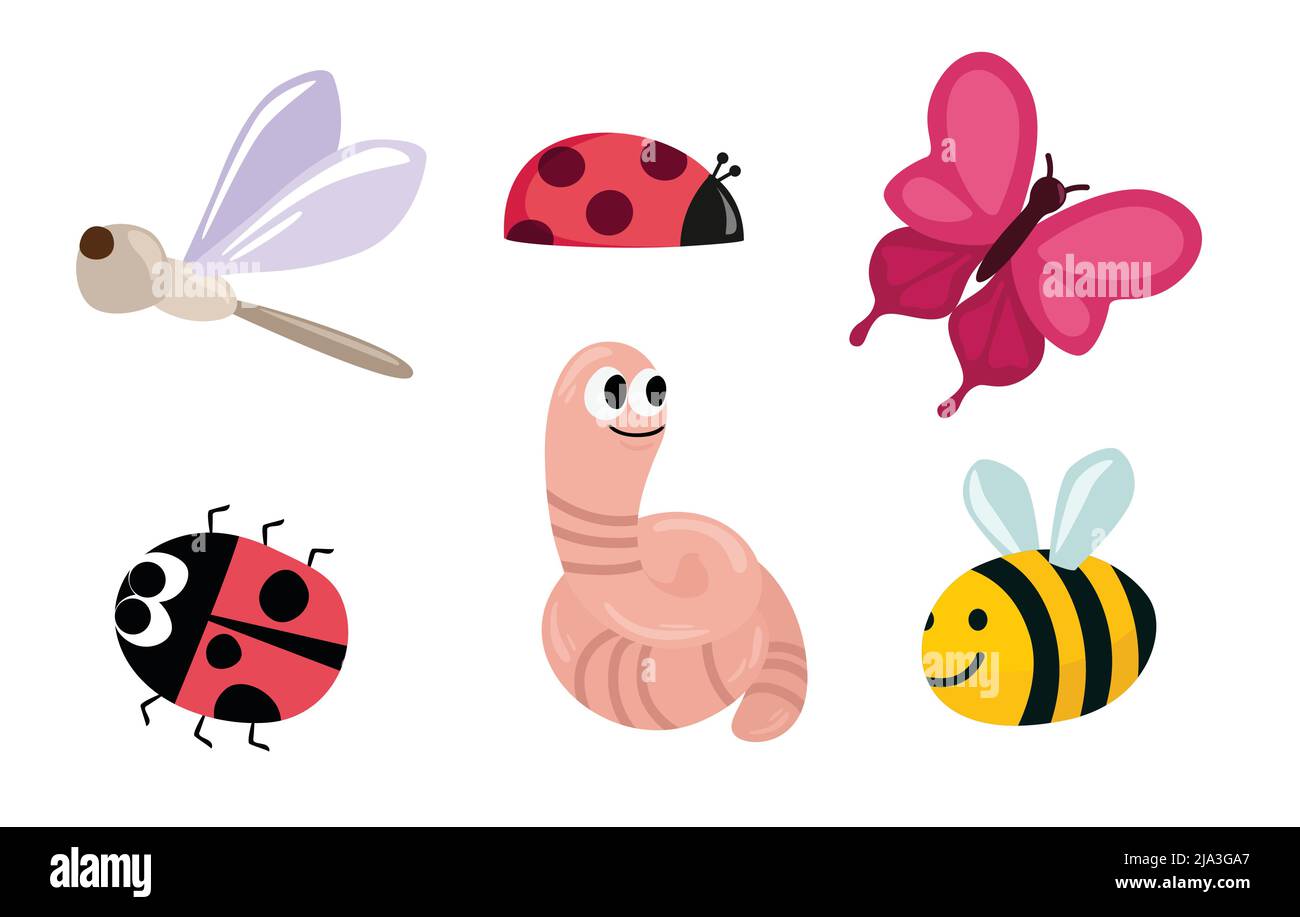 Ensemble d'insectes mignons pour enfants illustrations, icônes plates, Illustration de Vecteur Ensemble d'insectes mignons pour enfants illustrations, icônes plates, Illustration de Vecteur