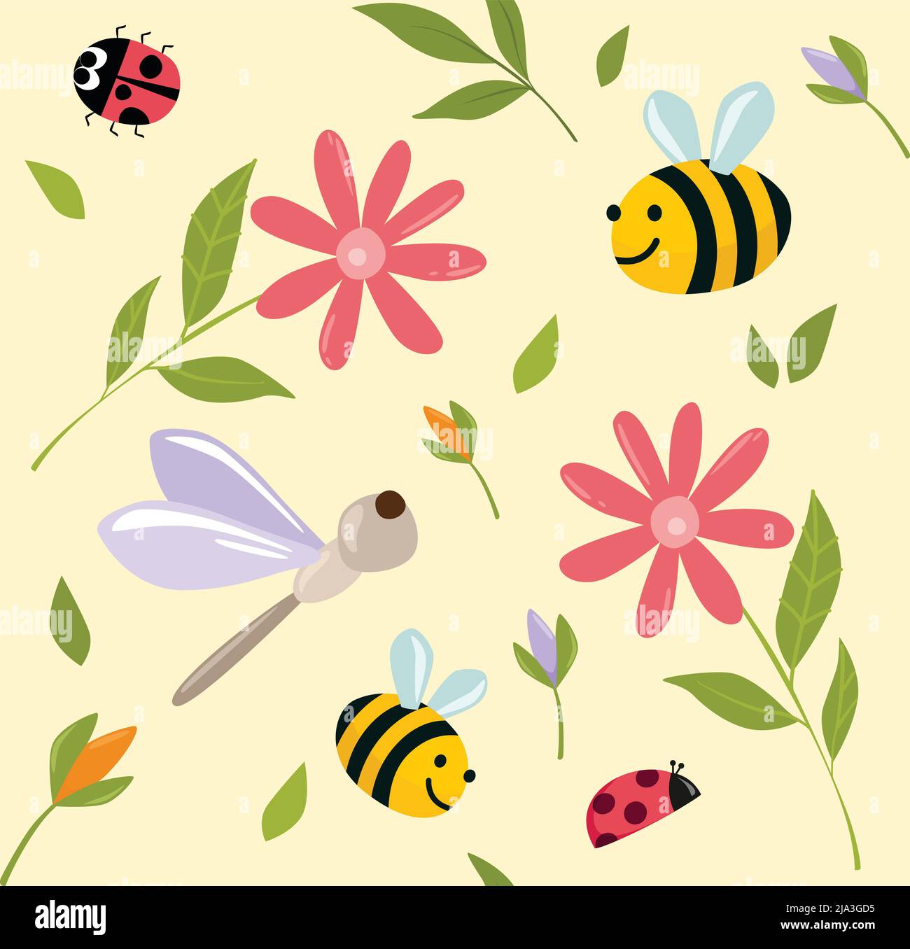 Bébé insectes fleurs motif sans couture, papier mignon, insectes et fleurs de dessin animé, Illustration de Vecteur Bébé insectes fleurs motif sans couture, papier mignon, insectes et fleurs de dessin animé, Illustration de Vecteur