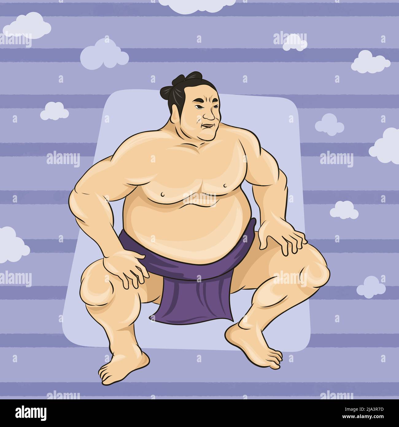 Sumo Wrestler debout en position crouch. Angle latéral avec arrière-plan. Sport japonais. Illustration de Vecteur
