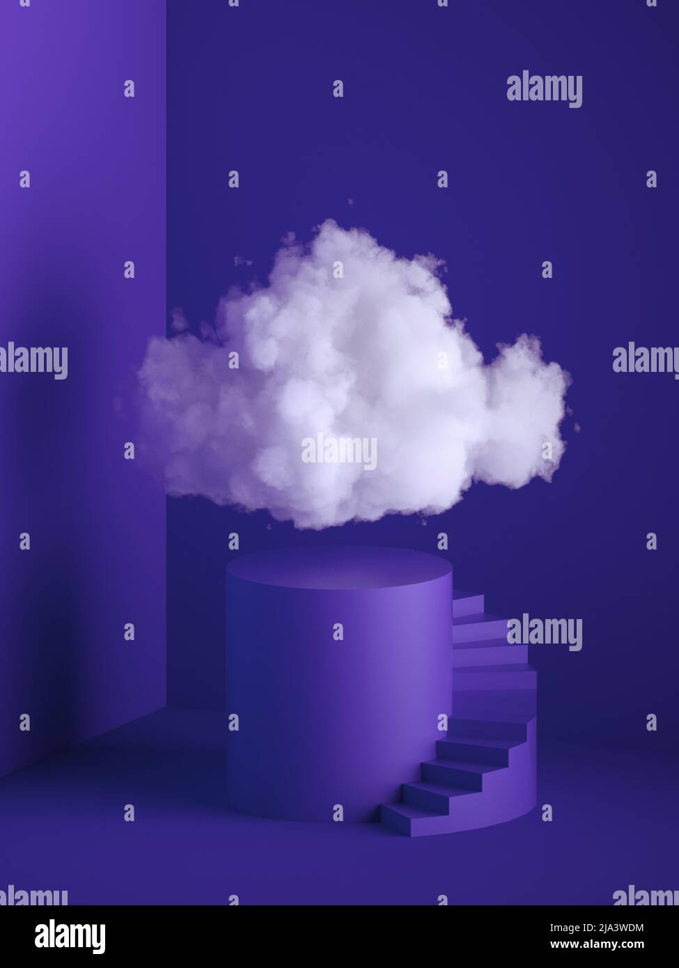 3d rendu, nuage blanc moelleux au-dessus du pied cylindrique, escaliers en spirale, marches, podium rond, intérieur minimal de la pièce. Objets isolés, Banque D'Images