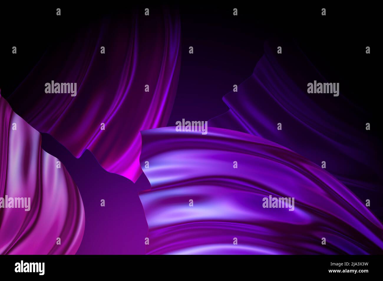 rendu 3d, arrière-plan violet abstrait, draperies, rideaux ondulés, plis en tissu, texture en soie irisée, ondulations. Textile de mode moderne, Banque D'Images