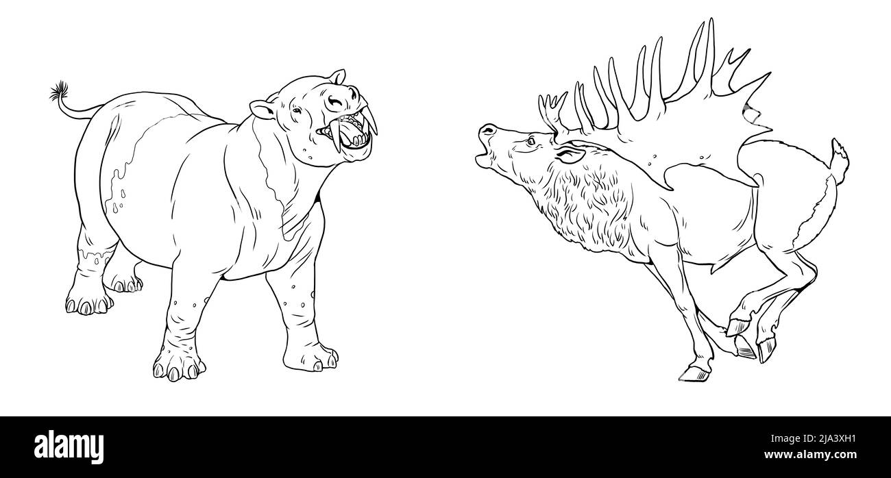 Animaux préhistoriques - coryphodon et gigantesque mégaloceros de cerfs. Dessin avec des animaux éteints. Modèle pour livre de coloriage. Banque D'Images