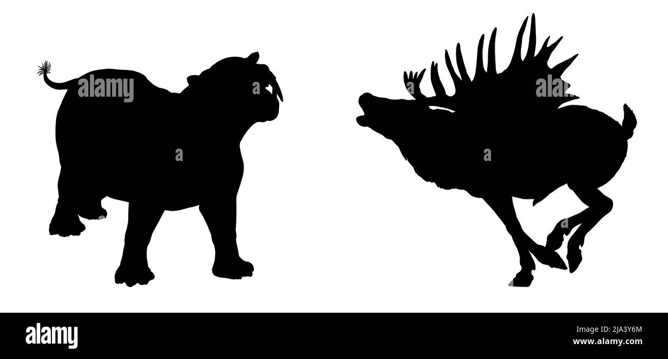 Animaux préhistoriques - coryphodon et gigantesque mégaloceros de cerfs. Dessin de silhouette avec des animaux éteints. Banque D'Images