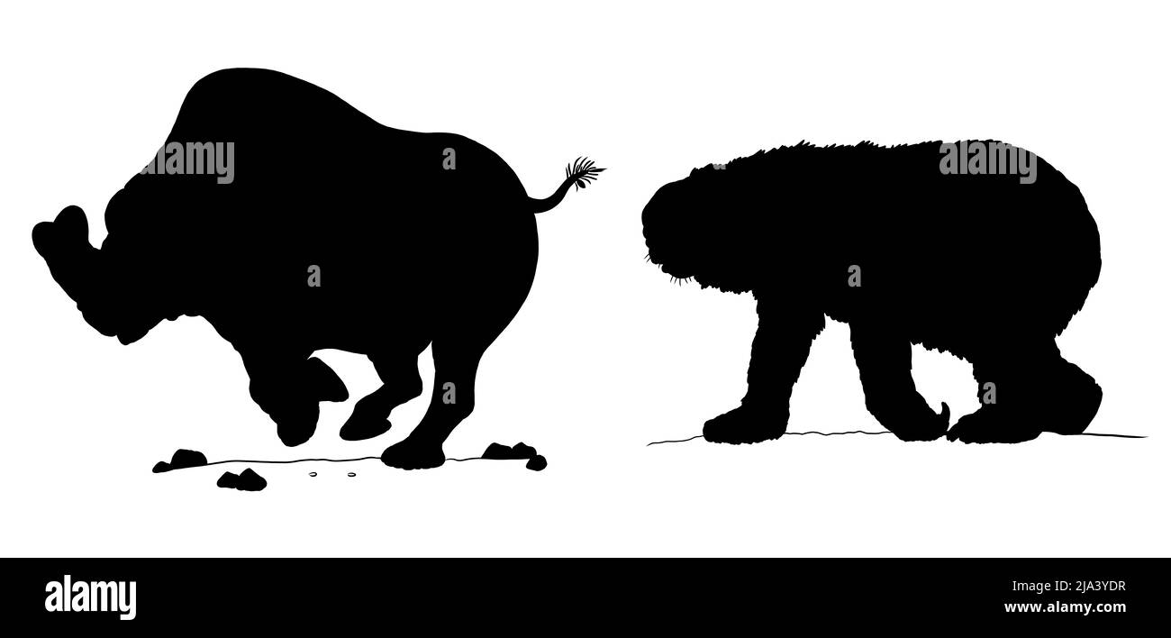 Animaux préhistoriques - diprotodon et embotherium. Dessin de silhouette avec des animaux éteints. Dessin noir blanc. Banque D'Images