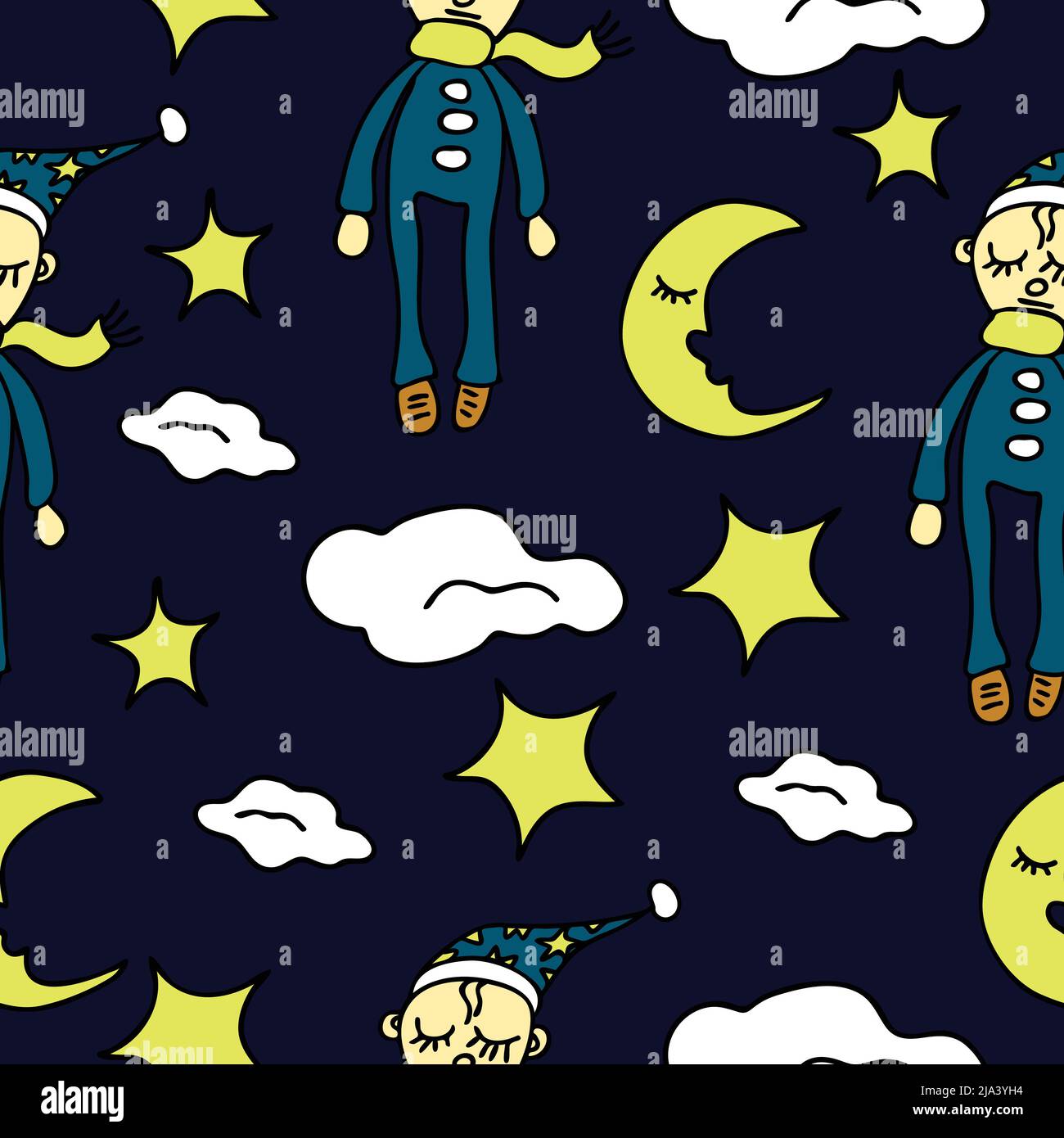 Motif vectoriel sans couture avec lune et étoiles sur fond bleu. Design de papier peint pour enfants pour la nuit de l'homme de rêve. Dessin animé textile de mode. Illustration de Vecteur