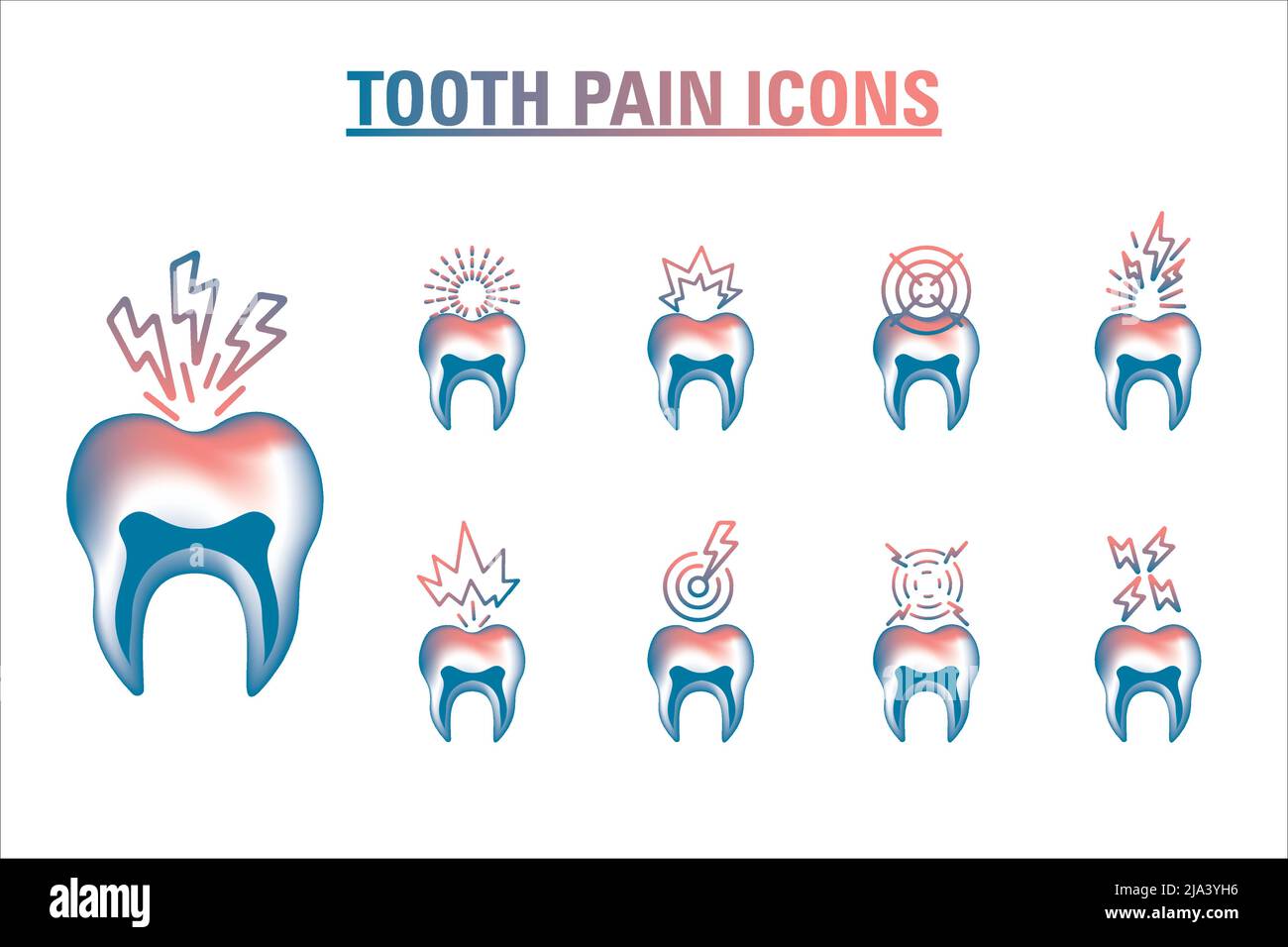 Jeu d'icônes de douleurs dentaires, icône vectorielle isolée sur fond blanc, concept de maladie de caries, logo de 3D illustrations, jeu de pictogrammes. Illustration de Vecteur