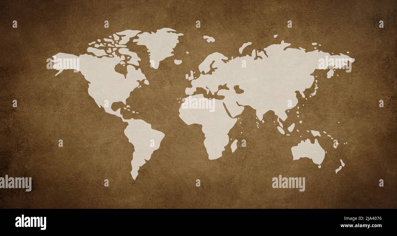 Carte du monde sur fond marron texturé, concept de voyage et de tourisme, géographie des pays, style vintage, papier peint continents Banque D'Images