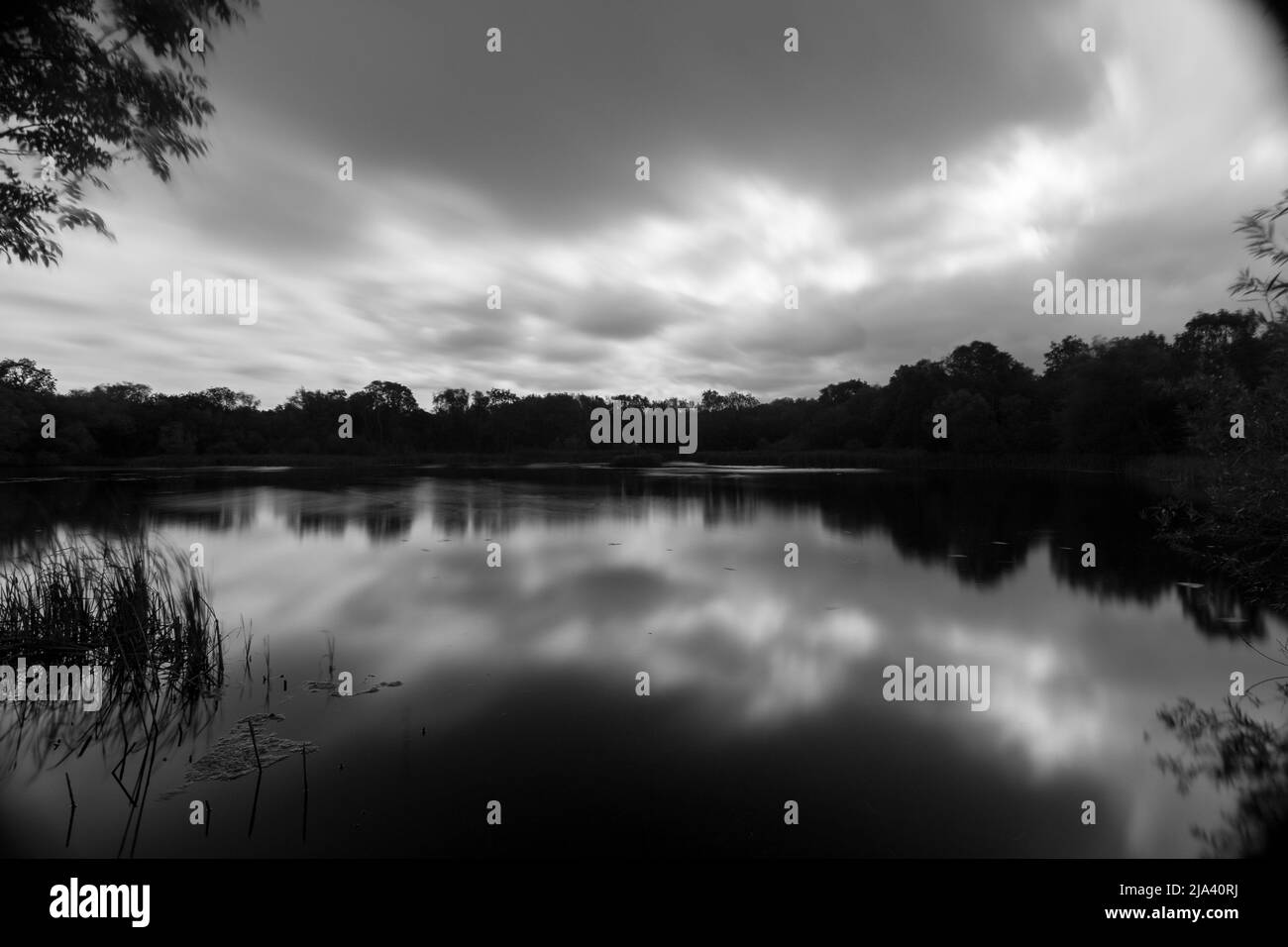 Une longue exposition de moody du ciel couvert se reflète dans l'eau de Joe's Pond, une réserve naturelle locale près de Rainton, Tyne & Wear, Royaume-Uni Banque D'Images