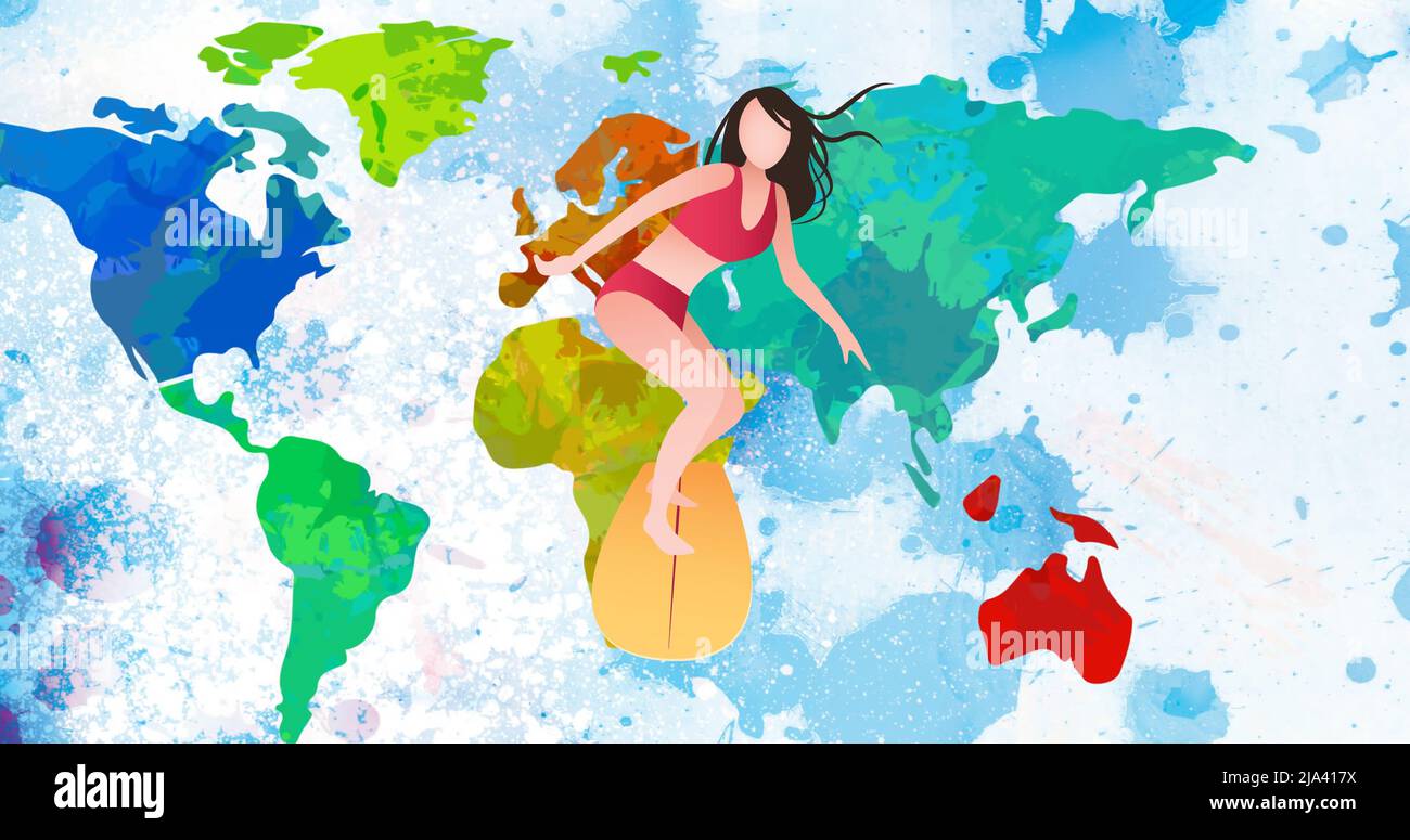 Image d'une femme de dessin animé surfant sur la carte du monde sur fond blanc avec des taches bleues Banque D'Images