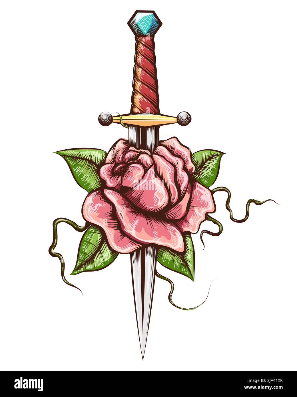 Tatouage de Rose Fleur percé par Dagger isolé sur blanc. Illustration vectorielle. Illustration de Vecteur