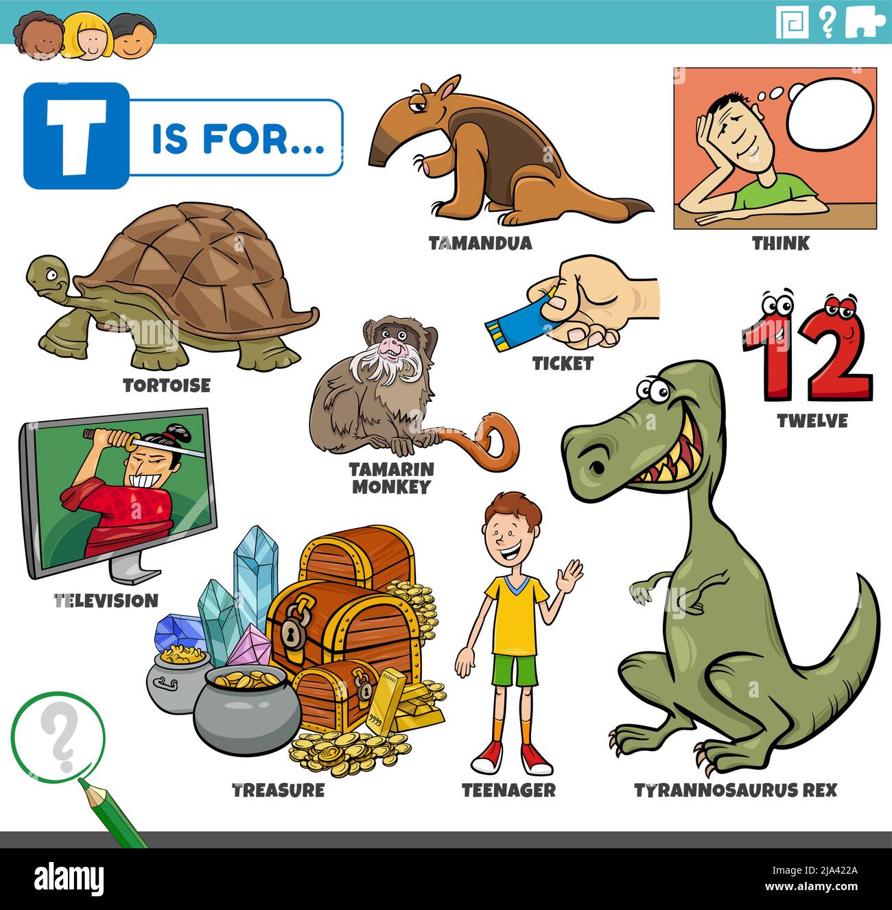 Illustration de dessin animé pédagogique pour les enfants avec des personnages de bande dessinée et des objets pour la lettre T. Illustration de Vecteur