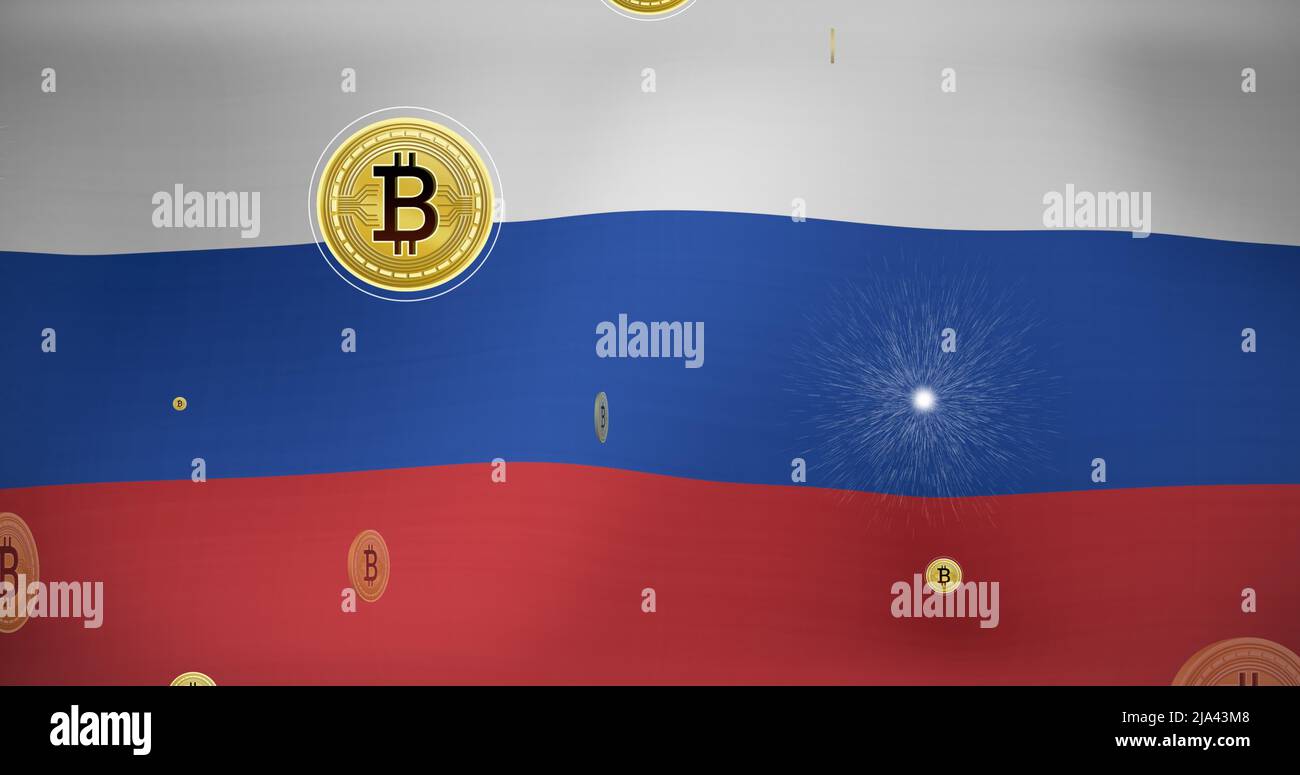 Image des symboles bitcoin sur le drapeau de la russie Banque D'Images