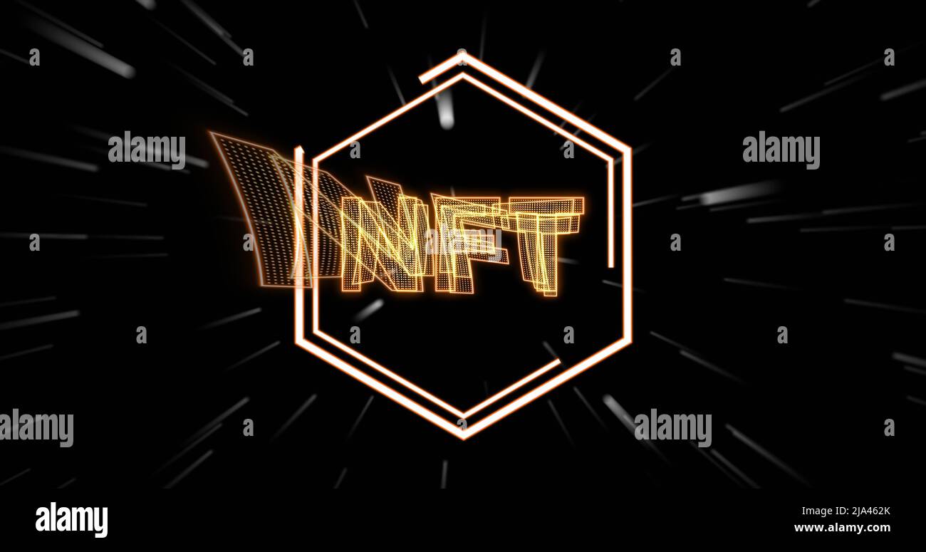 Image des symboles de crypto-monnaie nft se déplaçant sur fond noir Banque D'Images