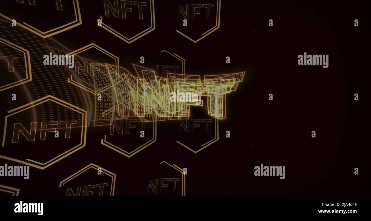 Image des symboles de crypto-monnaie nft se déplaçant sur fond noir Banque D'Images