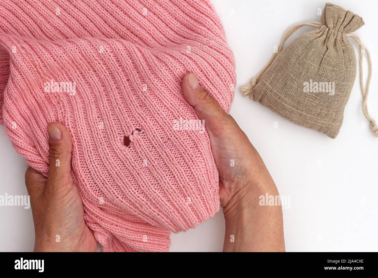 Vue du dessus de la femme courte mains tenant le tissu de laine rose avec trou fait par papillon et sac avec herbe sèche sur fond blanc Banque D'Images