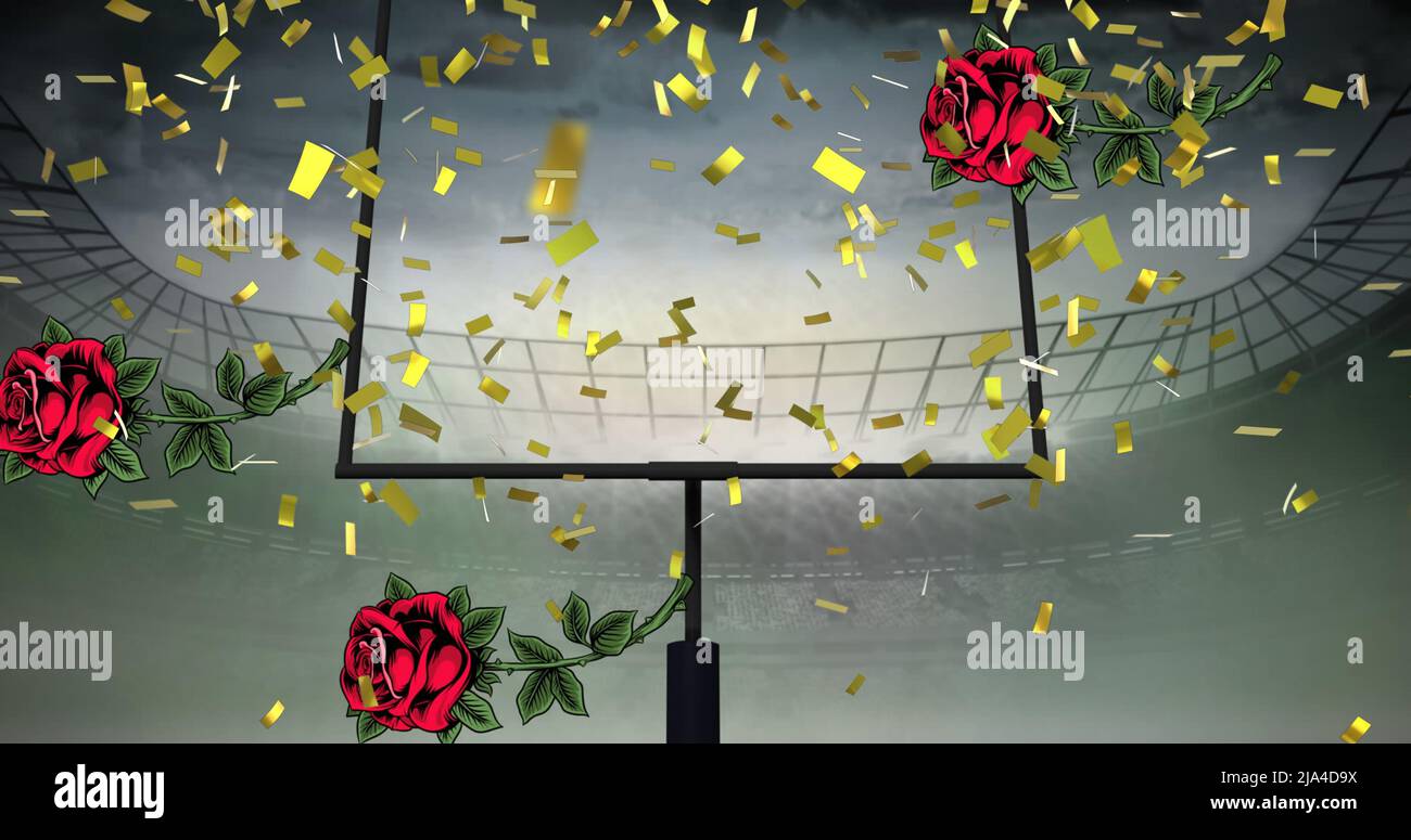 Image de confetti et de roses tombant au-dessus du stade sportif Banque D'Images