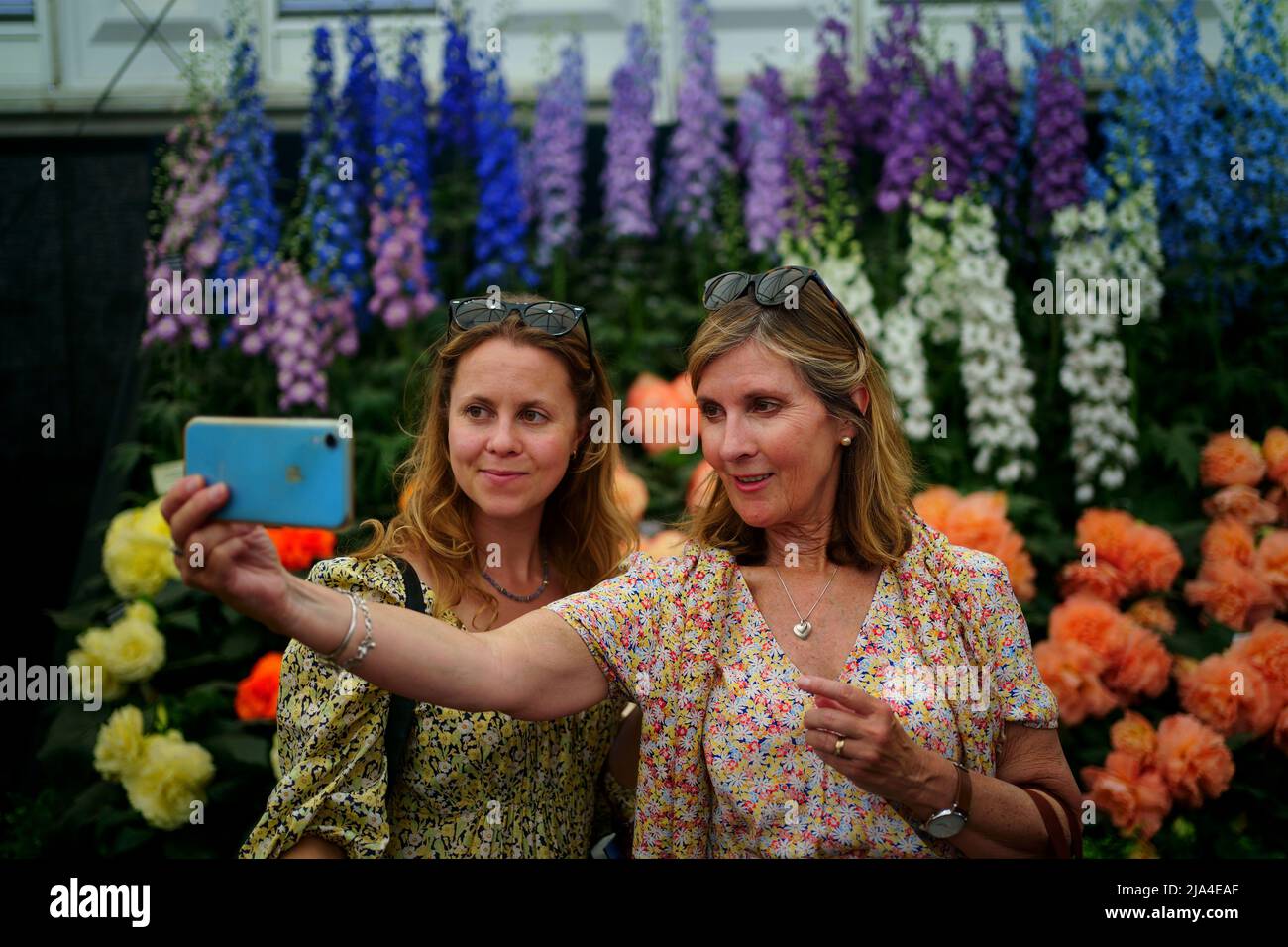 Deux visiteurs prennent une photo devant un stand de fleurs dans le Grand Pavillon du RHS Chelsea Flower Show, au Royal Hospital Chelsea, Londres. Date de la photo: Vendredi 27 mai 2022. Banque D'Images