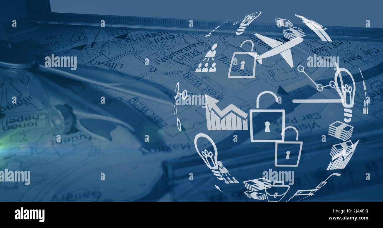 Illustration du globe composé d'icônes sur la carte Banque D'Images