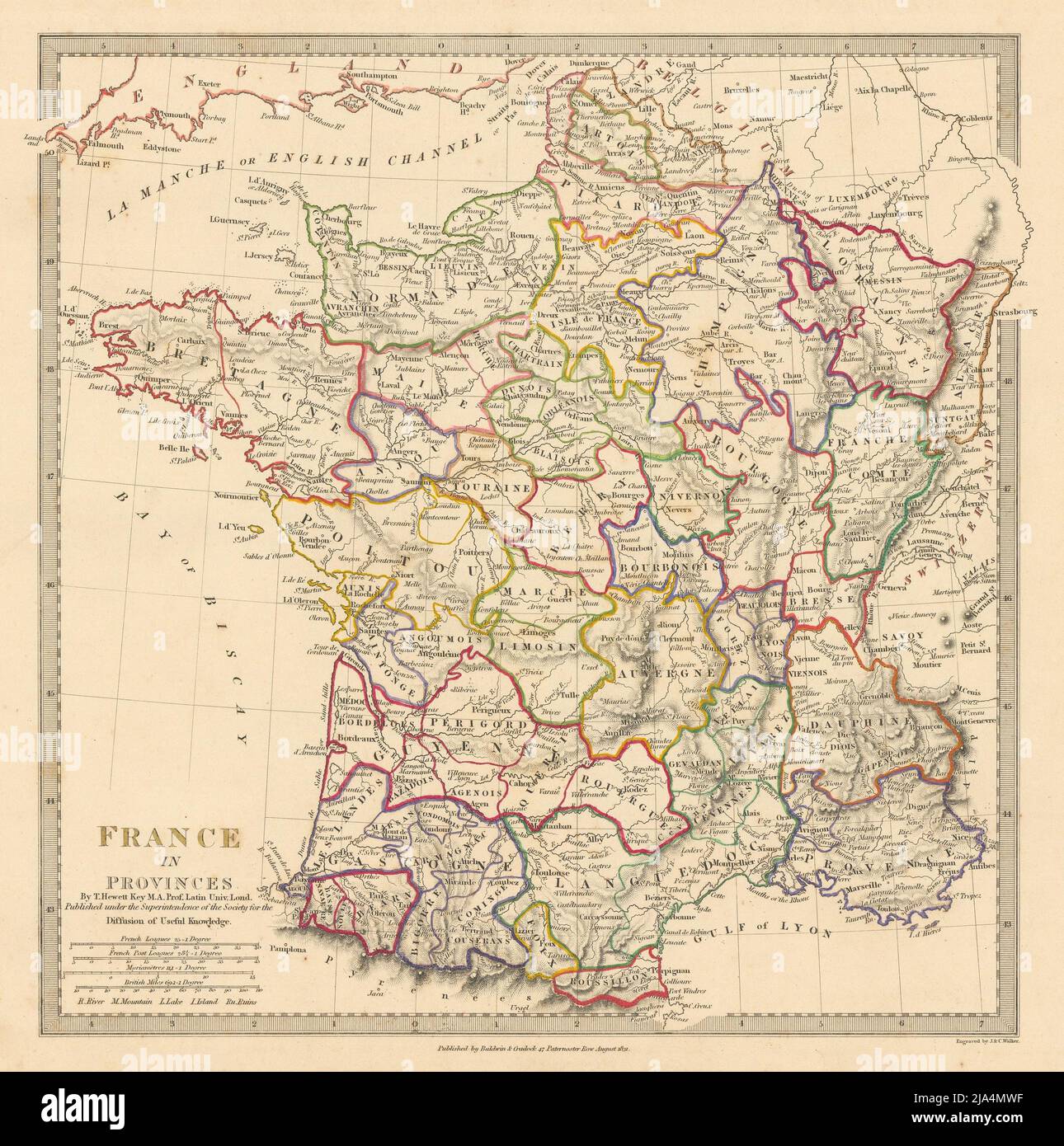 LA FRANCE DANS LES PROVINCES. Indique les provinces <1790. Couleur originale de la main.carte SDUK 1844 Banque D'Images